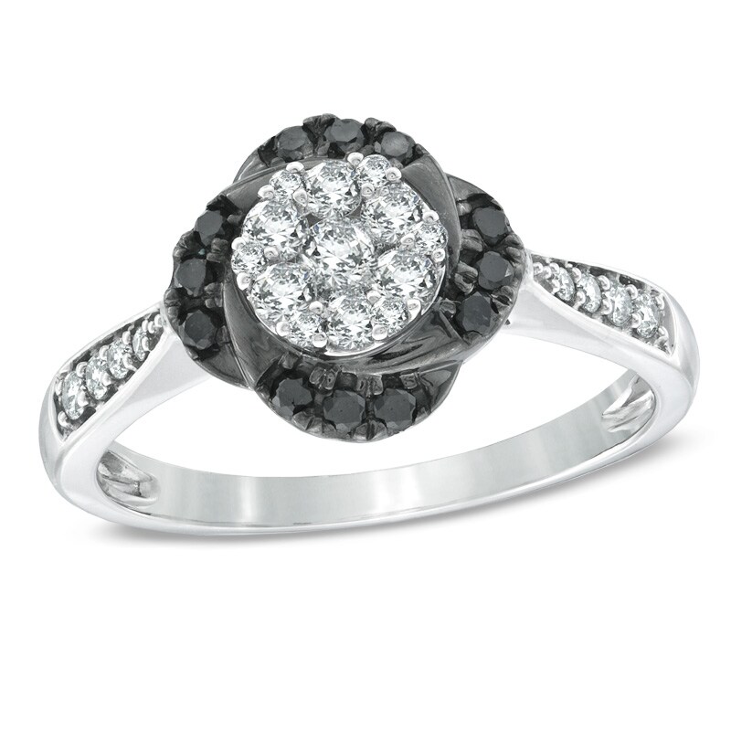 Main Image 1 of 1/2 CT. T.W. Enhanced Black and White Diamond Flower Frame Ring in 10K White Gold