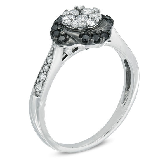 1/2 CT. T.w. Enhanced Black and White Diamond Flower Frame Ring in 10K White Gold