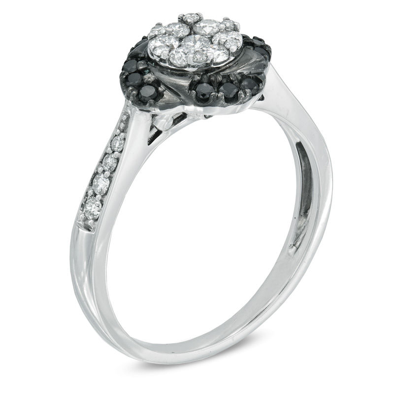Main Image 2 of 1/2 CT. T.W. Enhanced Black and White Diamond Flower Frame Ring in 10K White Gold