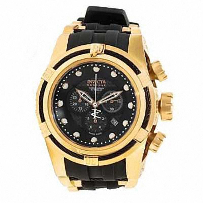 Men's Invicta Reserve Chronograph Gold-Tone Strap Watch with Black Carbon Fibre Dial (Model: 12666)