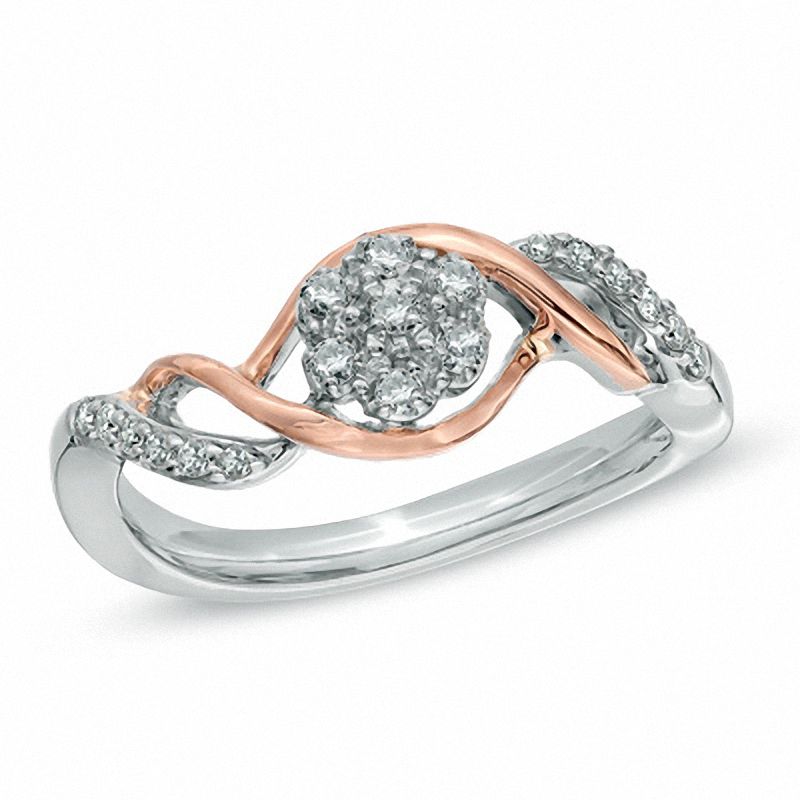Main Image 1 of 1/5 CT. T.W. Diamond Cluster Split Shank Ring in 10K Two-Tone Gold