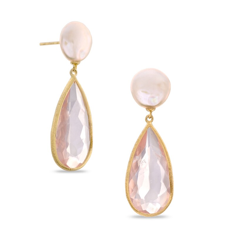 Main Image 1 of Piara™ 10.0-11.0mm Freshwater Cultured Pearl and Rose Quartz Earrings in Sterling Silver with 18K Gold Plate