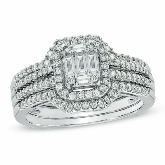 3/4 CT. T.w. Multi-Baguette Composite Diamond Frame Bridal Set in 14K White Gold