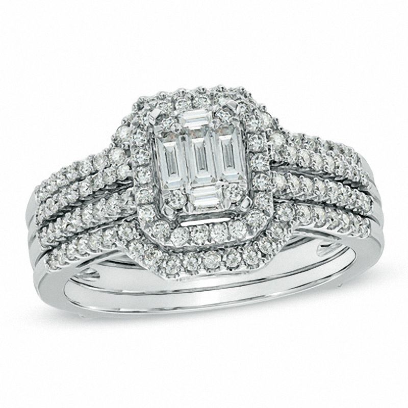 Main Image 1 of 3/4 CT. T.W. Multi-Baguette Composite Diamond Frame Bridal Set in 14K White Gold