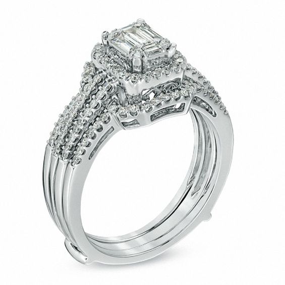 3/4 CT. T.w. Multi-Baguette Composite Diamond Frame Bridal Set in 14K White Gold