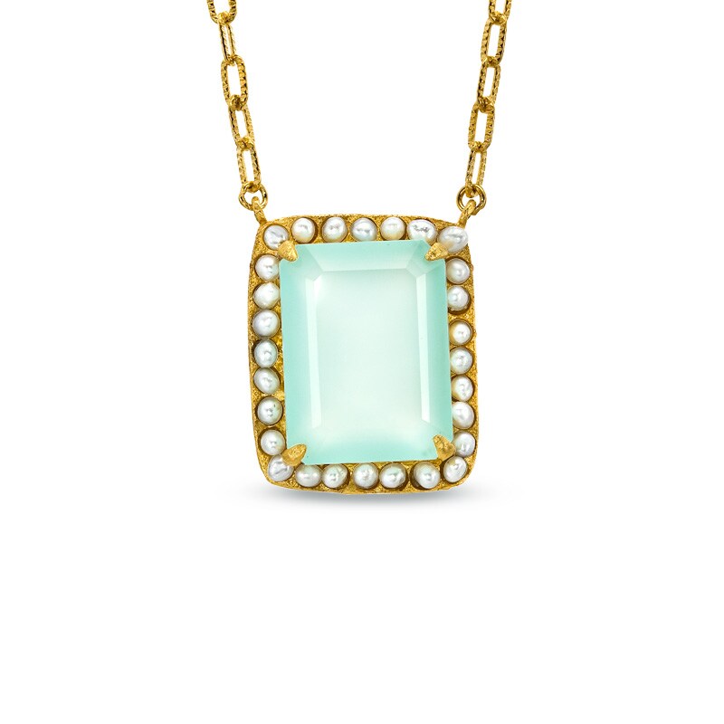 Main Image 1 of Piara™ Rectangular Green Chalcedony Pendant in Sterling Silver with 18K Gold Plate - 17.5"