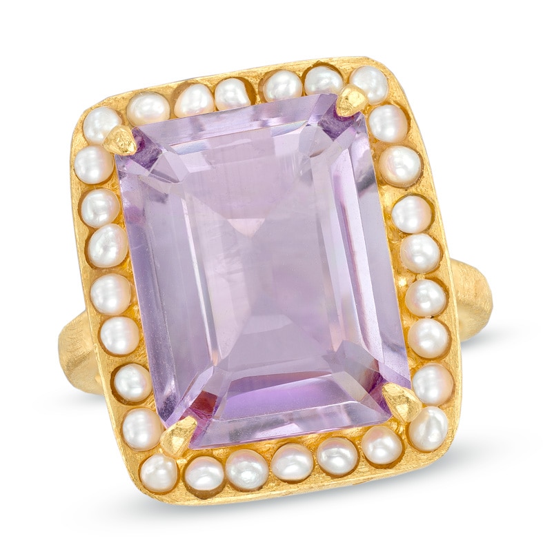 Piara™ Rectangular Amethyst and Cultured Freshwater Pearl Ring in Sterling Silver with 18K Gold Plate