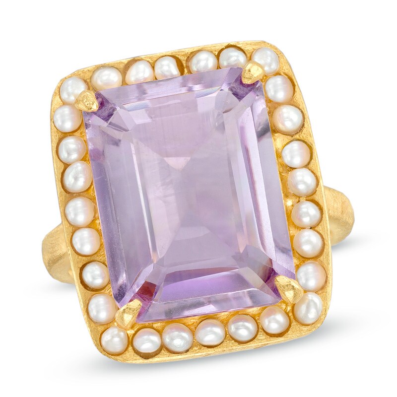 Main Image 1 of Piara™ Rectangular Amethyst and Freshwater Cultured Pearl Ring in Sterling Silver with 18K Gold Plate