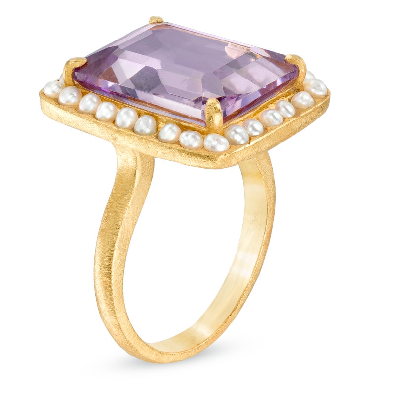 Piara™ Rectangular Amethyst and Cultured Freshwater Pearl Ring in Sterling Silver with 18K Gold Plate