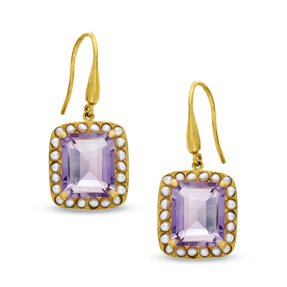 Piara™ Rectangular Amethyst and Freshwater Cultured Pearl Drop Earrings in Sterling Silver with 18K Gold Plate