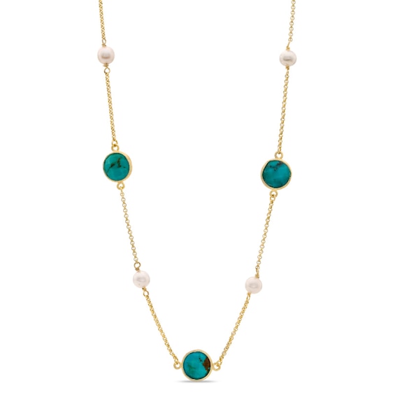 Piaraâ¢ Turquoise and Freshwater Cultured Pearl Necklace in Sterling Silver with 18K Gold Plate-17.5"