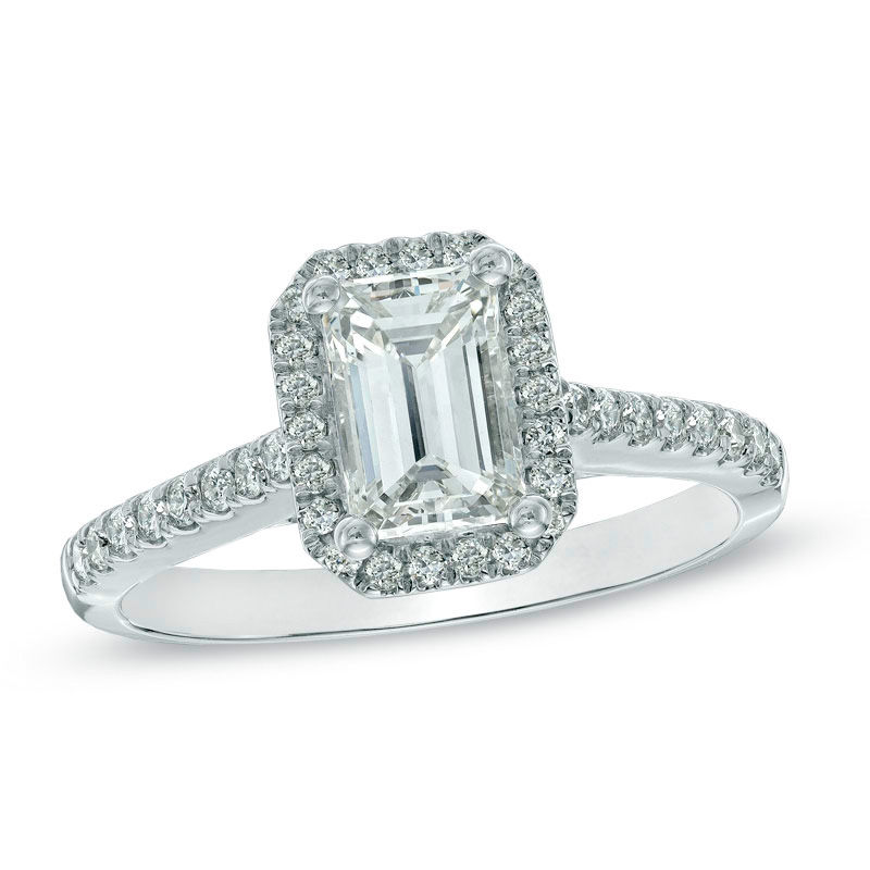 Main Image 1 of 1-1/3 CT. T.W. Certified Emerald-Cut Diamond Frame Engagement Ring in 14K White Gold (I/I1)