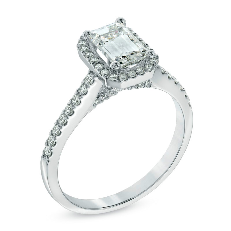 Main Image 2 of 1-1/3 CT. T.W. Certified Emerald-Cut Diamond Frame Engagement Ring in 14K White Gold (I/I1)