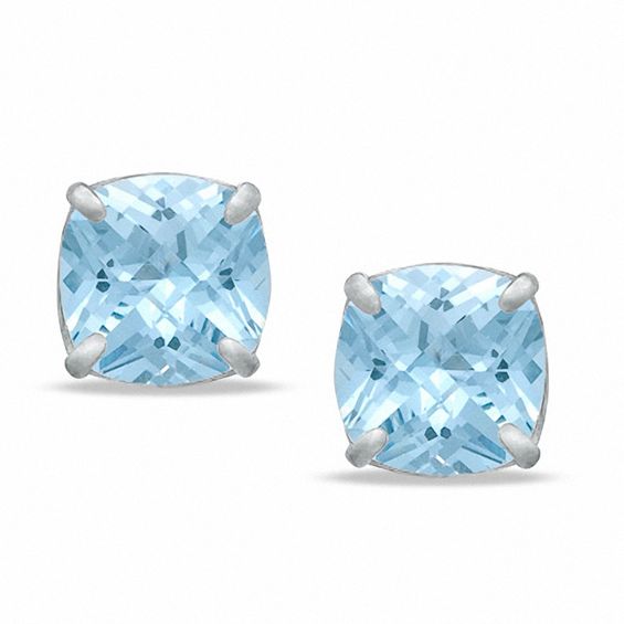 Zales 8.0mm Cushion Cut Simulated Aquamarine Stud Earrings in Sterling Silver Connecticut Post Mall