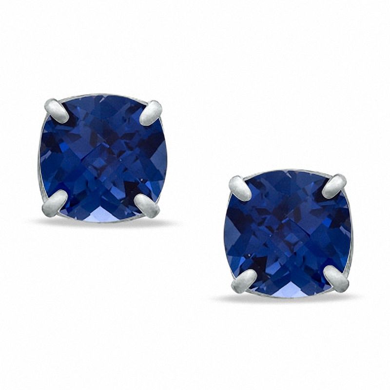 8.0mm Cushion-Cut Lab-Created Blue Sapphire Stud Earrings in Sterling Silver