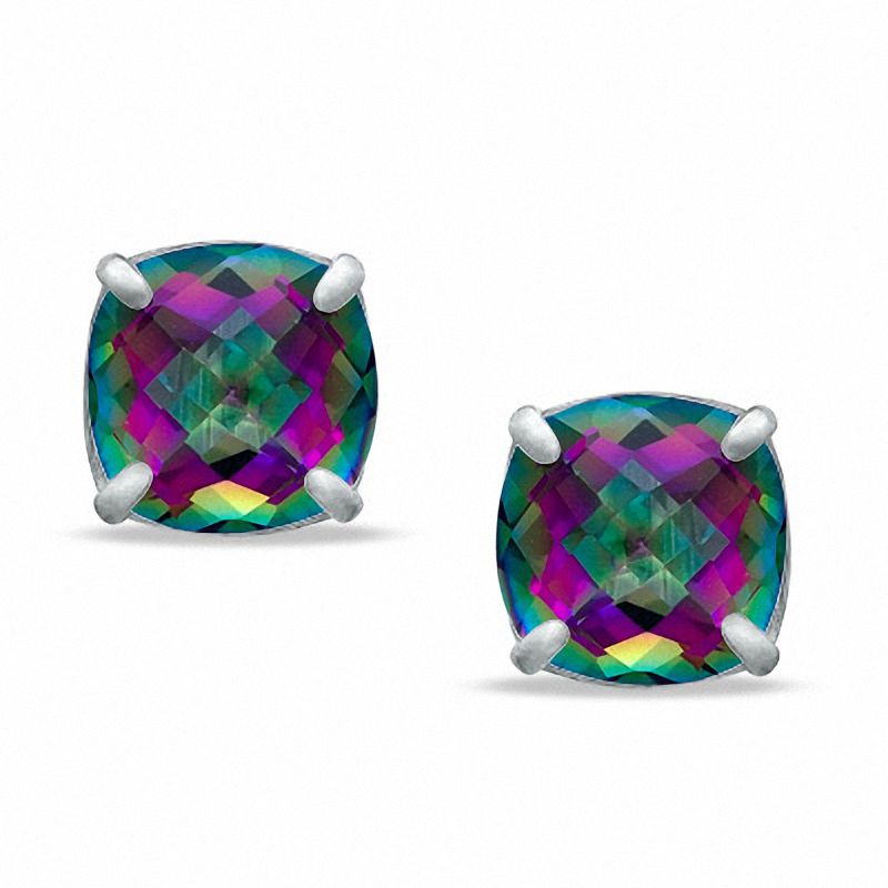 8.0mm Cushion-Cut Rainbow Quartz Stud Earrings in Sterling Silver