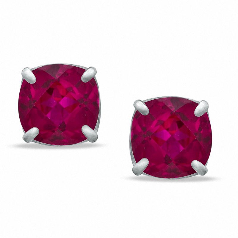 8.0mm Cushion-Cut Lab-Created Ruby Stud Earrings in Sterling Silver