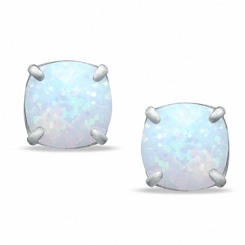 8.0mm Cushion-Cut Lab-Created Opal Stud Earrings in Sterling Silver