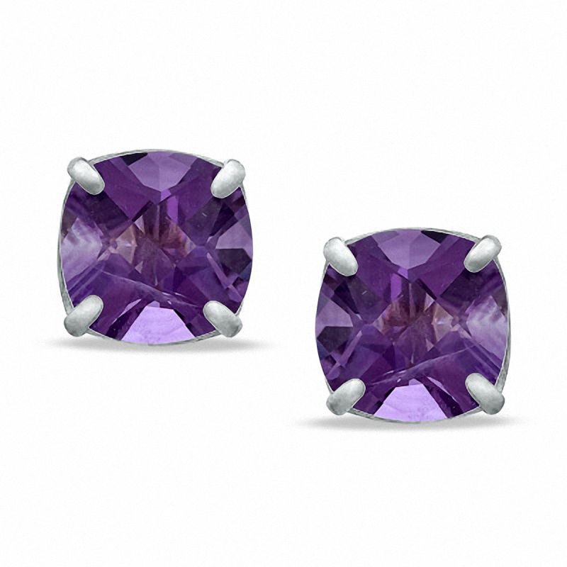 8.0mm Cushion-Cut Amethyst Stud Earrings in Sterling Silver