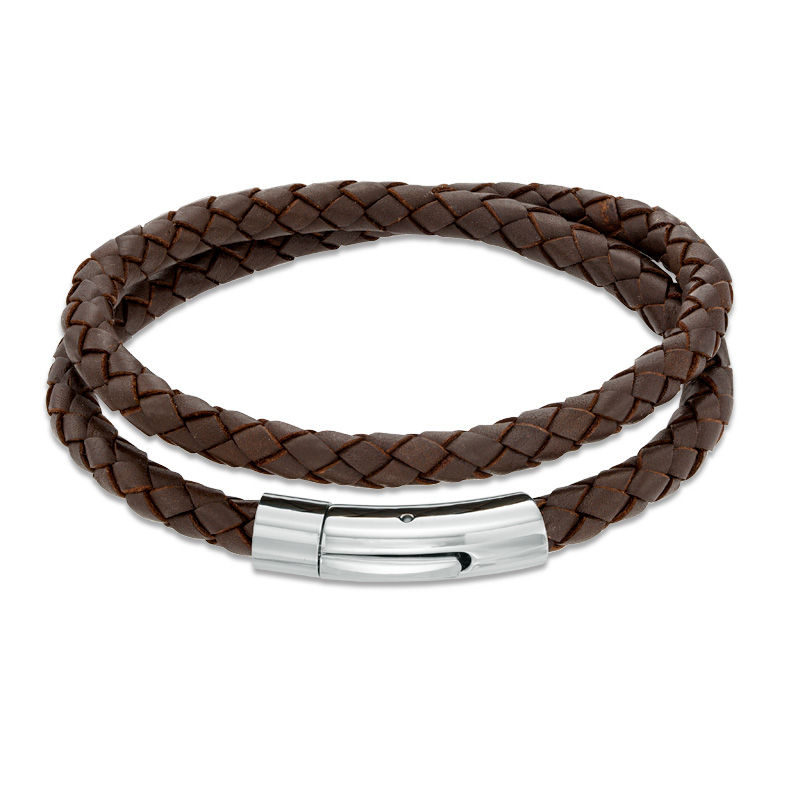Main Image 1 of Brown Leather and Stainless Steel Double Wrap Bracelet - 16.75"