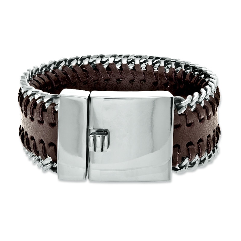 Main Image 1 of Brown Leather and Stainless Steel Curb Chain Edged Bracelet - 8.75"