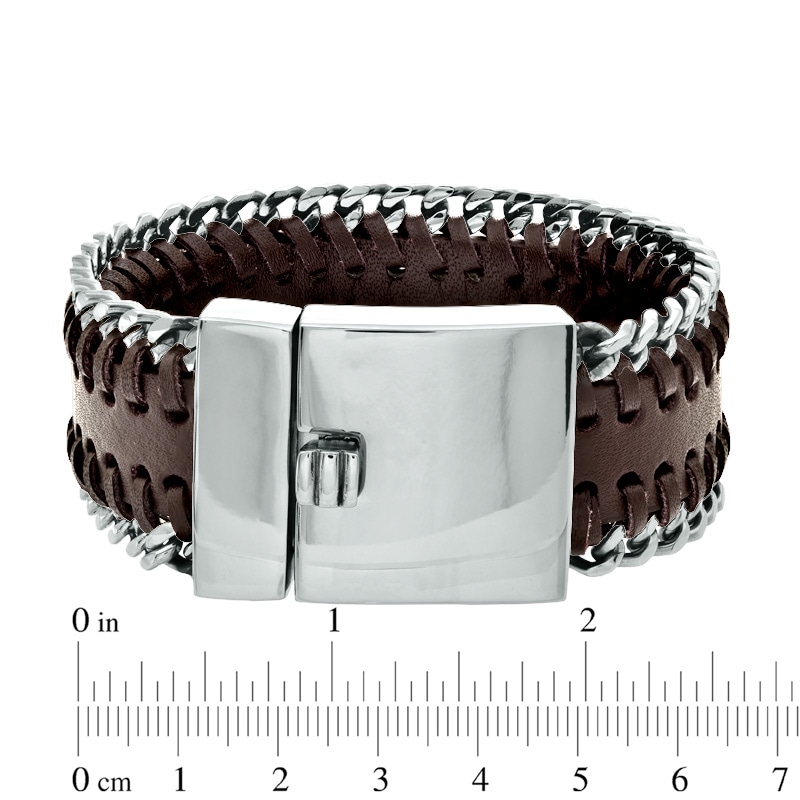 Men's Brown Leather and Stainless Steel Curb Chain Edged Bracelet - 8.75"