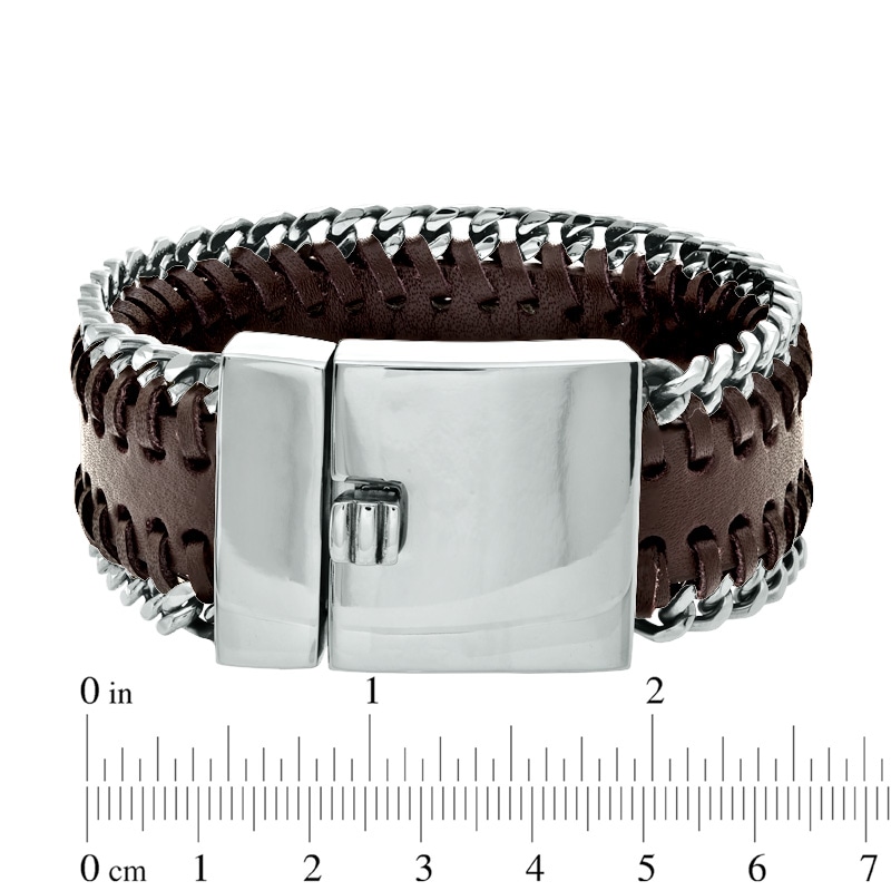 Main Image 2 of Brown Leather and Stainless Steel Curb Chain Edged Bracelet - 8.75"