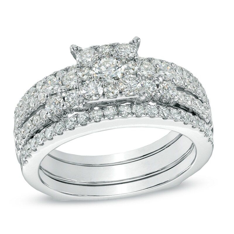 Main Image 1 of 1-1/2 CT. T.W. Diamond Square Cluster Bridal Set in 14K White Gold