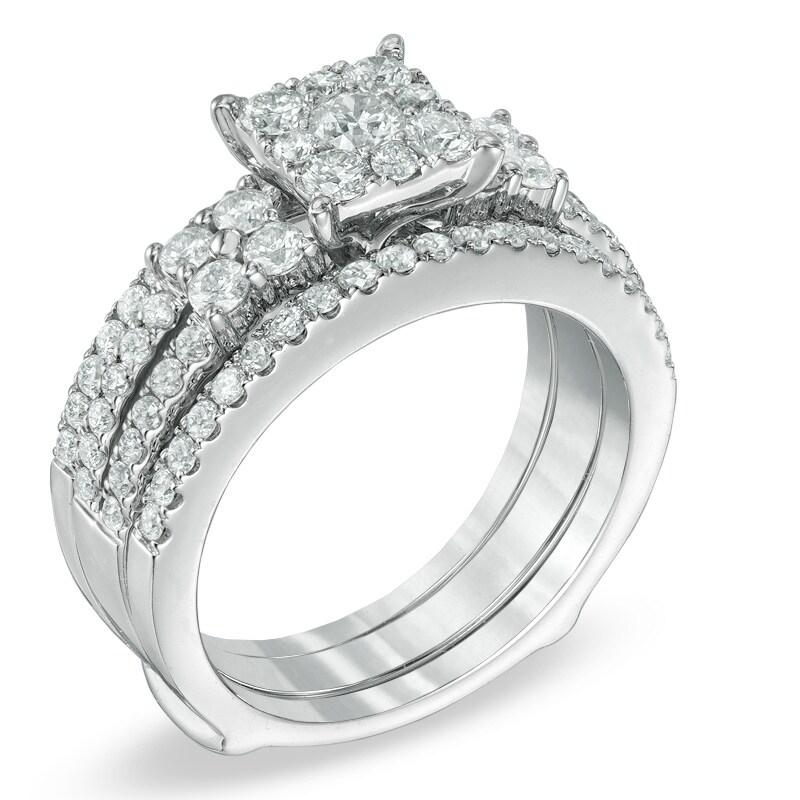 Main Image 2 of 1-1/2 CT. T.W. Diamond Square Cluster Bridal Set in 14K White Gold