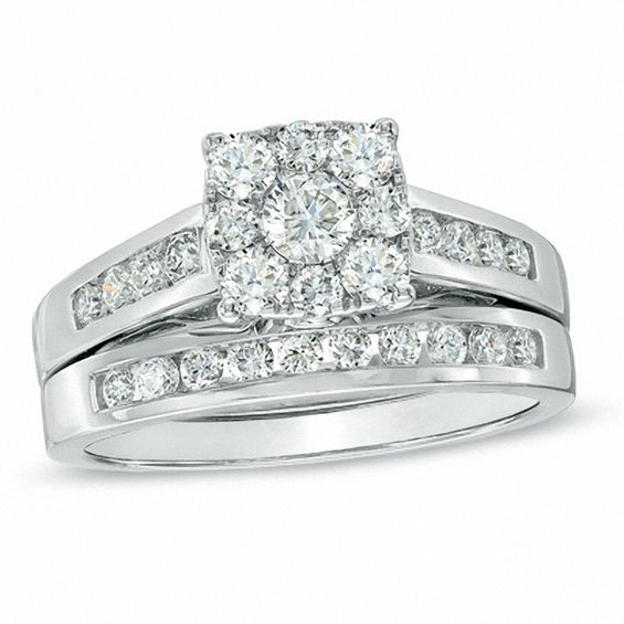 1 CT. T.w. Diamond Square Cluster Bridal Set in 14K White Gold
