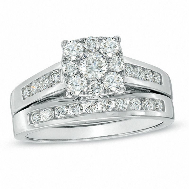 1 CT. T.W. Diamond Square Cluster Bridal Set in 14K White Gold