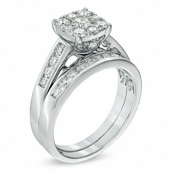 1 CT. T.w. Diamond Square Cluster Bridal Set in 14K White Gold