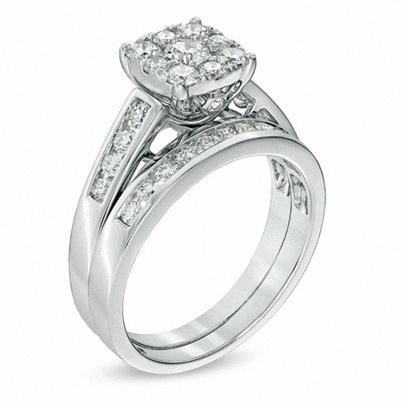 1 CT. T.W. Diamond Square Cluster Bridal Set in 14K White Gold