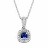 Thumbnail Image 0 of 4.0mm Cushion-Cut Blue Sapphire and 1/10 CT. T.W. Diamond Frame Pendant in 14K White Gold