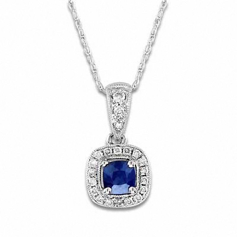 4.0mm Cushion-Cut Blue Sapphire and 1/10 CT. T.W. Diamond Frame Pendant in 14K White Gold