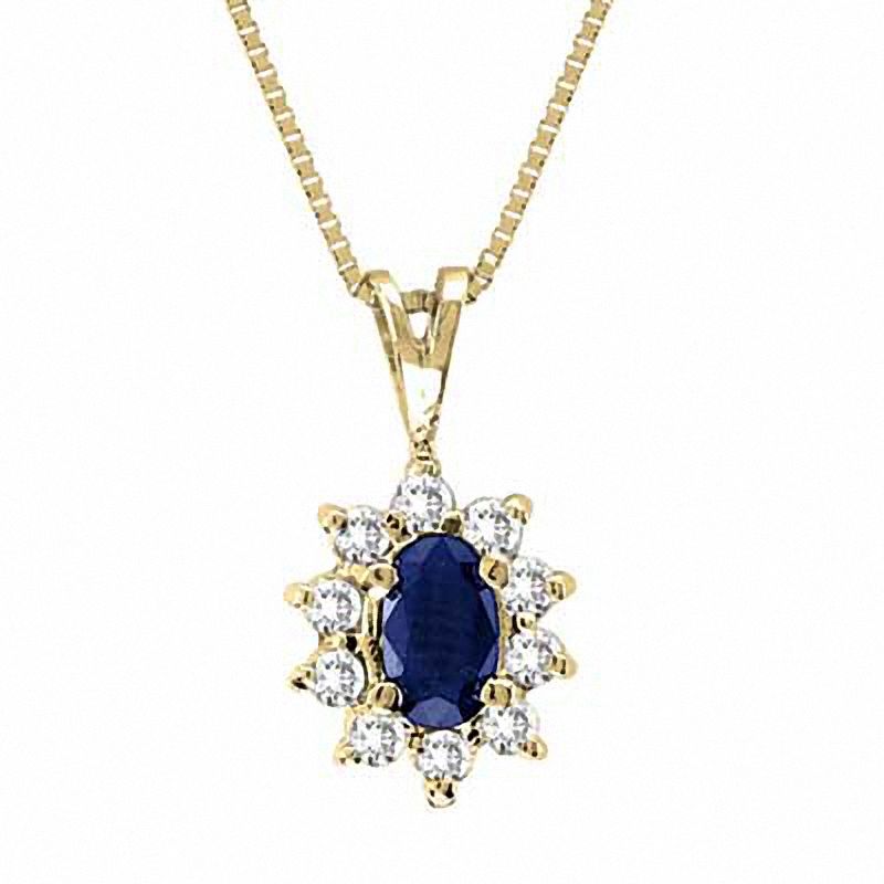 Oval Blue Sapphire and 1/8 CT. T.W. Diamond Pendant in 14K Gold - 16"
