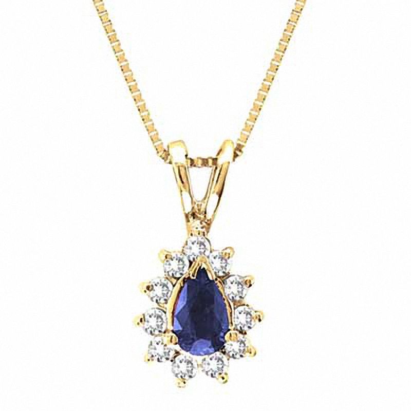 Pear-Shaped Blue Sapphire and 1/8 CT. T.W. Diamond Pendant in 14K Gold - 16"