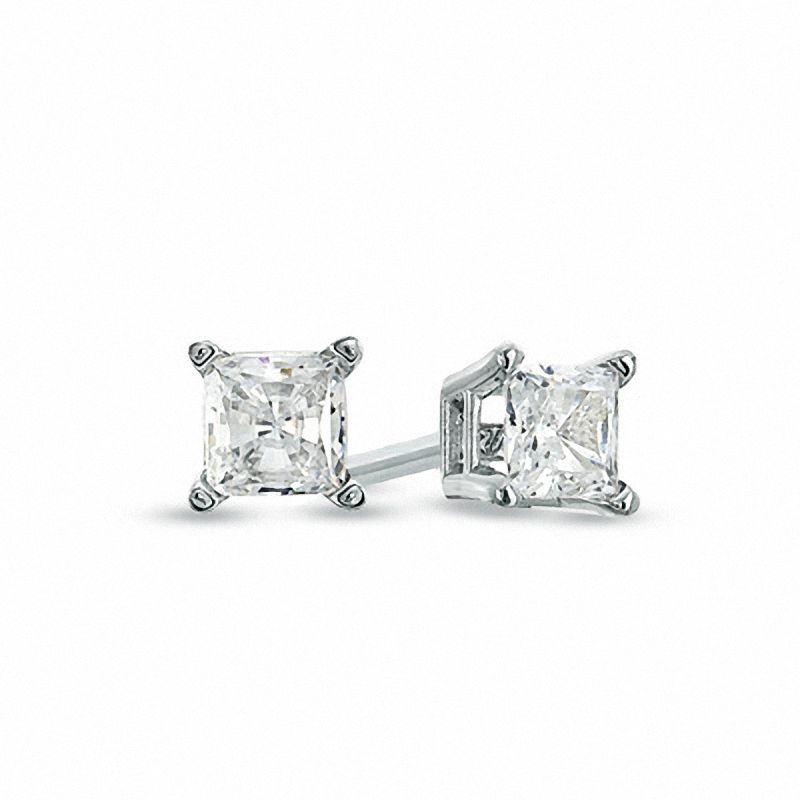 Main Image 1 of Celebration Ideal 1/2 CT. T.W. Princess-Cut Certified Diamond Solitaire Stud Earrings in 14K White Gold (K/I1)