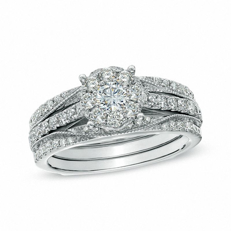 Main Image 1 of 1 CT. T.W. Diamond Cluster Vintage-Style Bridal Set in 14K White Gold