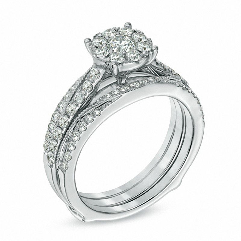 Main Image 2 of 1 CT. T.W. Diamond Cluster Vintage-Style Bridal Set in 14K White Gold