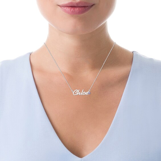 Simulated Birthstone Script Name Necklace in Sterling Silver (1 Name and Stone) - 16" Simulated Birthstone Script Name Necklace in Sterling Silver (1 Name and Stone) - 16"