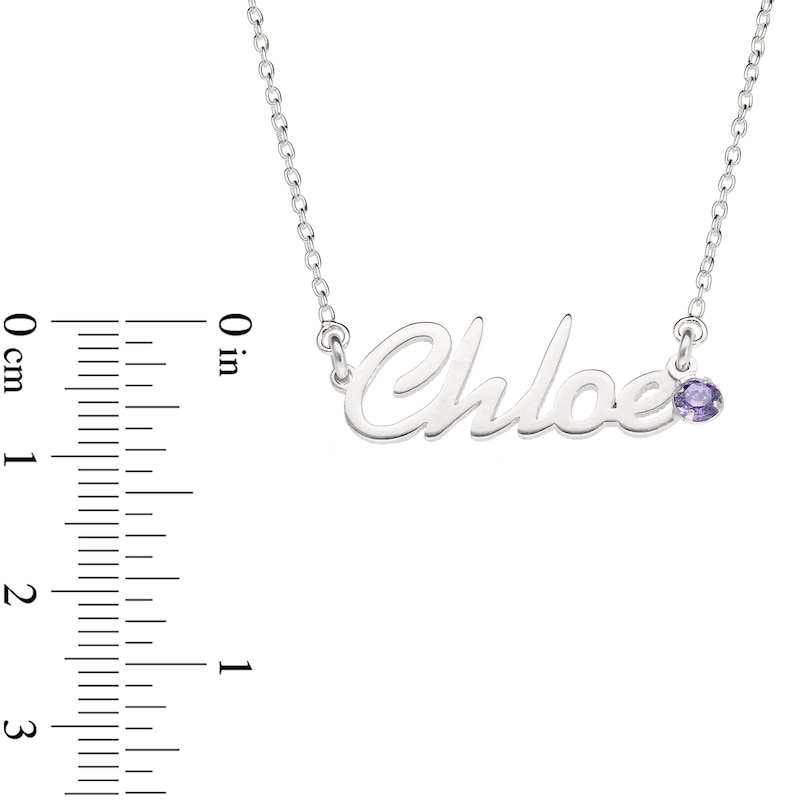 Simulated Birthstone Script Name Necklace in Sterling Silver (1 Name and Stone)