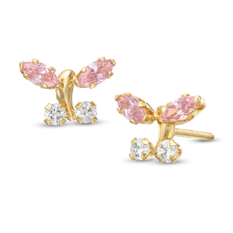 Main Image 1 of Child's Marquise Pink and Round White Cubic Zirconia Butterfly Stud Earrings in 14K Gold