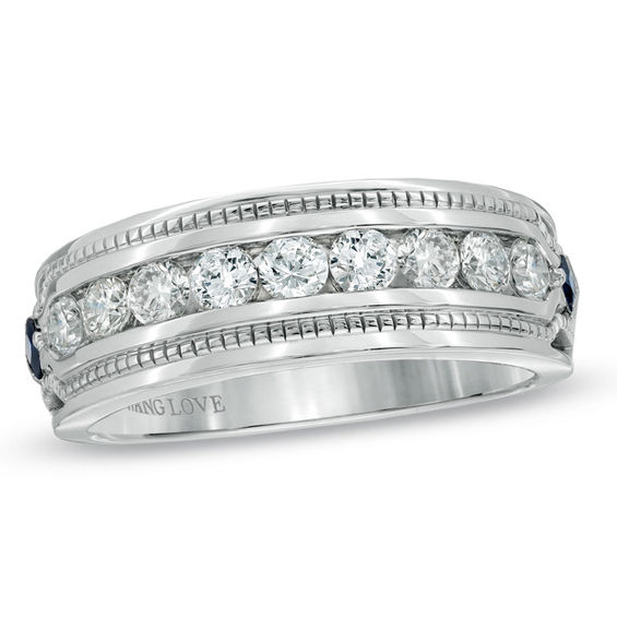Vera Wang Love Collection Men's 1 CT. T.w. Diamond and Blue Sapphire Wedding Band in 14K White Gold