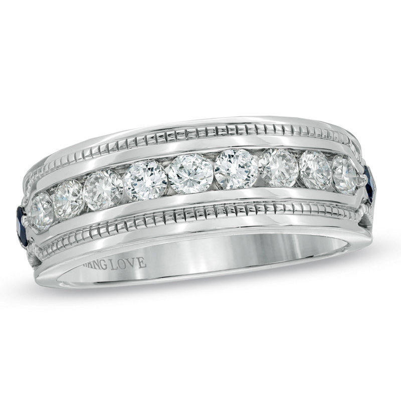 Vera Wang Love Collection Men's 1 CT. T.W. Diamond and Blue Sapphire Wedding Band in 14K White Gold