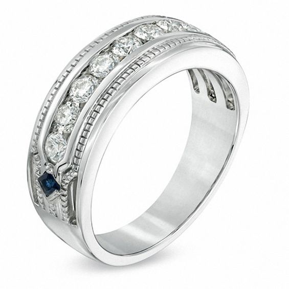 Vera Wang Men's 1 CT. T.w. Diamond and Blue Sapphire Wedding Band in 14K White Gold