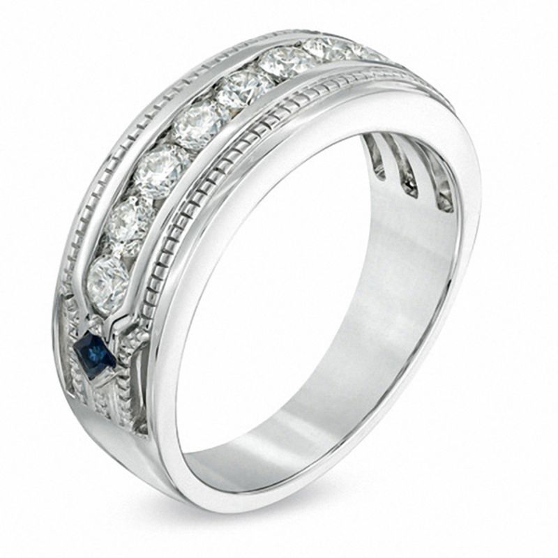 Vera Wang Love Collection Men's 1 CT. T.W. Diamond and Blue Sapphire Wedding Band in 14K White Gold