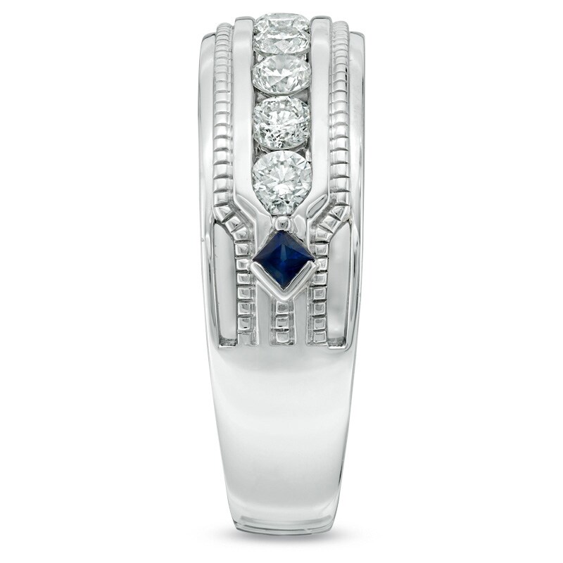 Vera Wang Love Collection Men's 1 CT. T.W. Diamond and Blue Sapphire Wedding Band in 14K White Gold