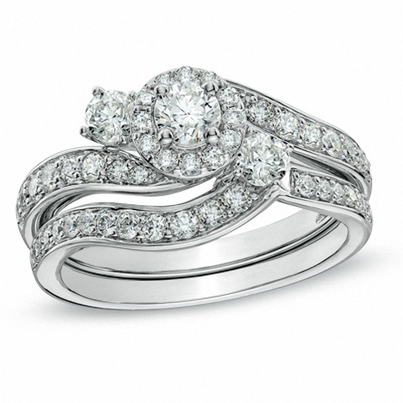 Main Image 1 of 1 CT. T.W. Diamond Frame Three Stone Slant Bridal Set in 10K White Gold