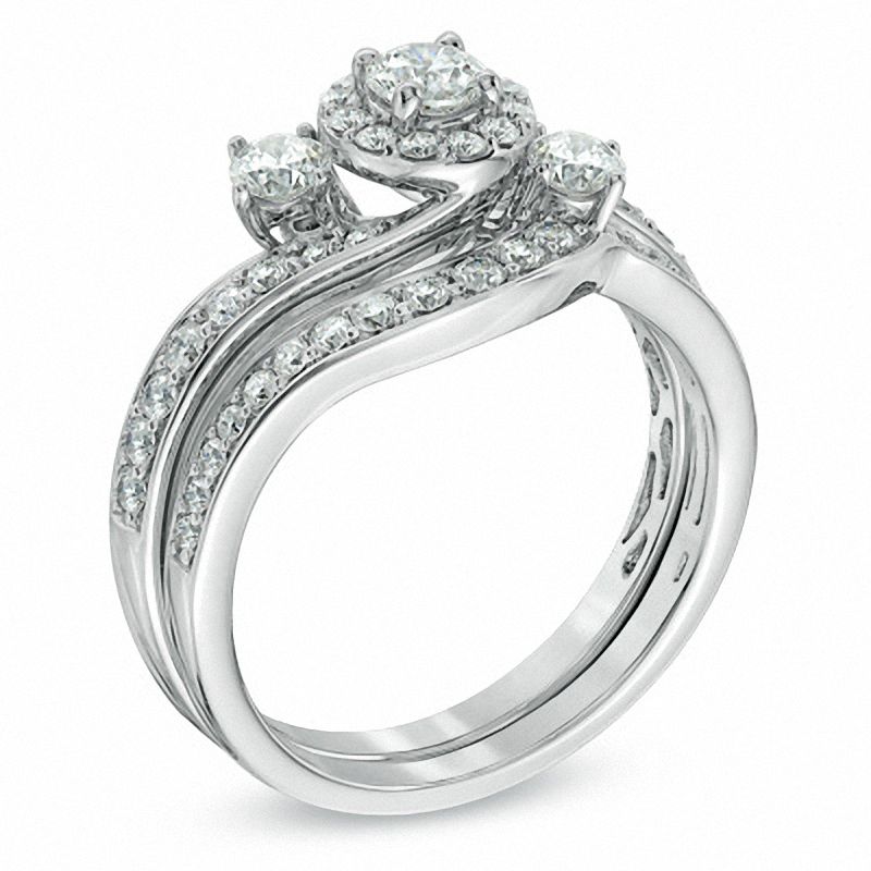 Main Image 2 of 1 CT. T.W. Diamond Frame Three Stone Slant Bridal Set in 10K White Gold